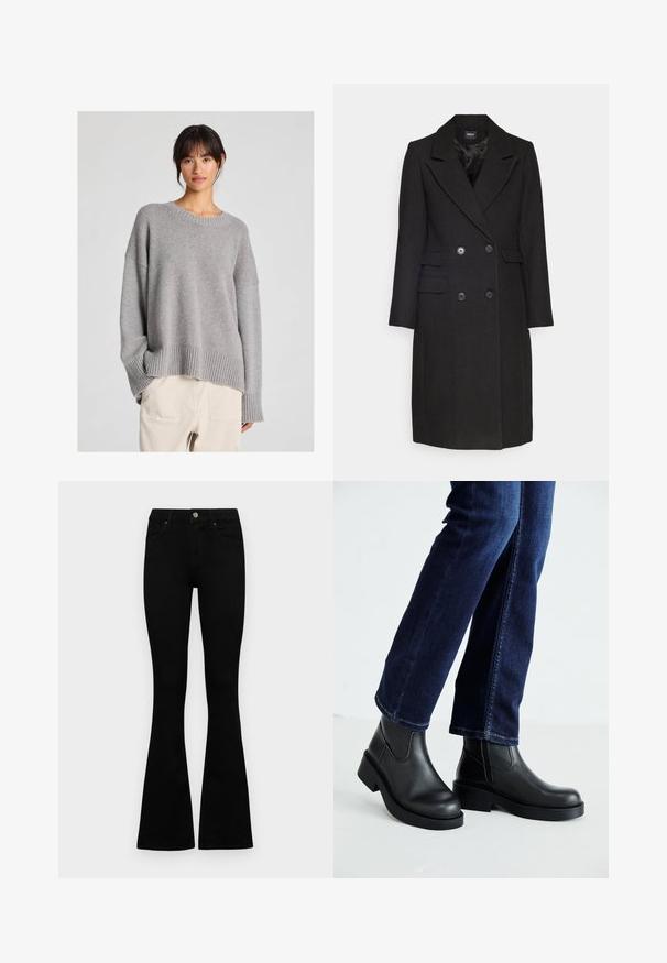 ONLY ONLMONIKA COAT - Klasisks mētelis - black; Pelēks adījuma džemperis ar brīvu piegriezumu, apaļu kakla izgriezumu, svītrainām piedurknēm un apakšmalu. Mīksta tekstūra ar smalku adījuma rakstu. Kombinēts ar gaišiem biksēm.; Melni augsta jostas šorti ar pogu un rāvējslēdzēju, priekšējām kabatām un izplestām kājām, nolikti uz balta fona.; Melnas ādas potīšu zābaki ar masīvu zoli un sānu elastīgām daļām, kombinēti ar tumši ziliem džinsiem. Zeme ir gaišā krāsā.