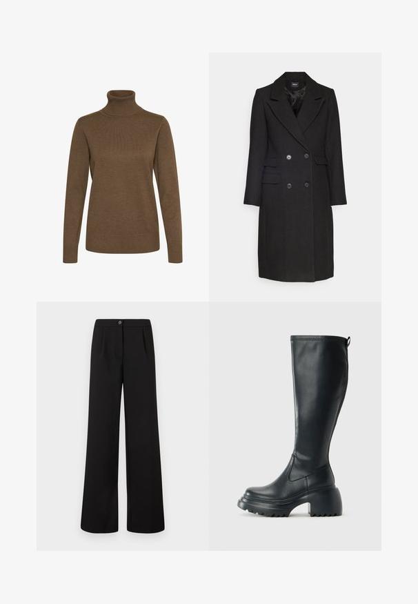 ONLY ONLMONIKA czarny; Brązowy sweter z golfem wykonany z miękkiej, teksturowanej dzianiny. Posiada długie rękawy oraz dopasowany krój z prążkowanym kołnierzem i mankietami.; Czarne szerokie spodnie z wysokim stanem, zapinane na guziki i zamek błyskawiczny, z delikatnymi fałdami poniżej pasa.; Wysokie czarne skórzane botki z masywną platformą i słupkowym obcasem, z uchwytem i teksturowanym bieżnikiem na podeszwie.