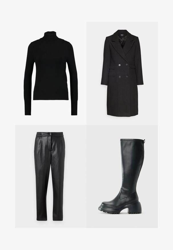 ONLY ONLMONIKA COAT  - Cappotto classico - black; Maglione turtleneck nero a maniche lunghe realizzato in tessuto di maglia leggera e a coste; presenta una forma aderente e un colletto alto, senza ulteriori decorazioni.; Pantaloni di pelle nera con una texture liscia, vestibilità dritta, cintura elastica e chiusura con bottone frontale; dettagli plissettati e gambe affusolate.; Stivale lungo in pelle nera con suola piatta robusta e tacco a blocco, dotato di linguetta e battistrada testurizzato sulla suola.