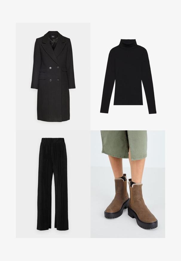 ONLY ONLMONIKA COAT  - Classic coat - black; Black turtleneck long-sleeve top, made of ribbed fabric, features a fitted design with a high neckline and no patterns or accents.; Black pleated trousers with an elastic waistband. Features wide legs and a smooth, textured fabric with vertical stripes.; Brown leather ankle boots with a rubber sole, plush lining, and elastic side inserts. Features a low block heel and a smooth texture.