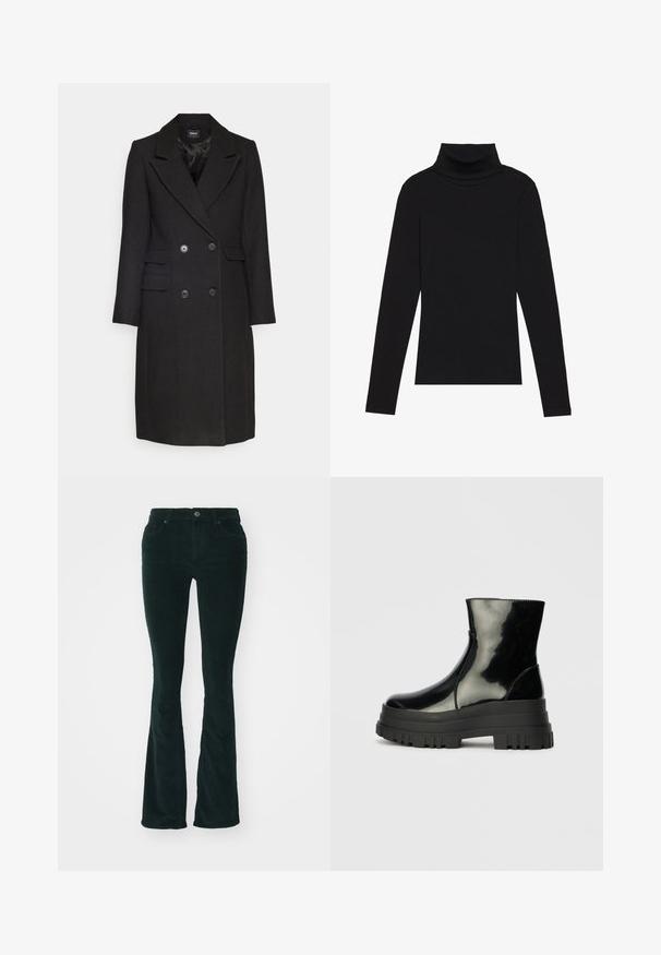 ONLY ONLMONIKA COAT  - Klasisks mētelis - black; Melnā turtlenecka garām piedurknēm augšdaļa, izgatavota no ribotas auduma, ar pieguļošu piegriezumu, augstu kakla izgriezumu un bez rakstiem vai akcentiem.; Platas krokos bikses tumši zaļā krāsā. Iezīmē struktūrveida audumu ar redzamām ribām, piecas kabatas un standarta pogas aizdari.; Melnas spīdīgas potītes zābaki ar biezu zoli un noapaļotu purngalu, sānu skats uz vienkārša gaiši pelēka fona.