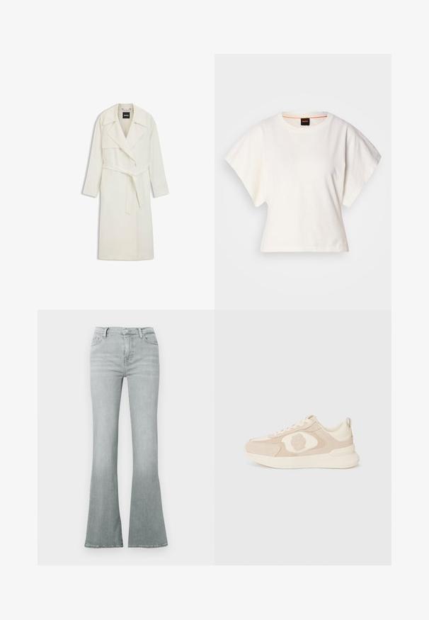 Manteau long crème BOSS avec col châle, taille ceinturée, poches latérales et silhouette droite. Fabriqué en tissu léger et lisse.; T-shirt blanc cintré, manches courtes et larges, en coton doux, décolleté rond avec une discrète bordure orange, design minimaliste, sans motifs ni graphiques.; Jean évasé gris clair en denim, à taille haute, design à cinq poches, avec une texture lisse et un léger effet délavé.; Baskets beige en cuir lisse et mélange de daim, avec un bout arrondi, un laçage à l'avant et un logo texturé sur le côté. Semelle en caoutchouc plate.