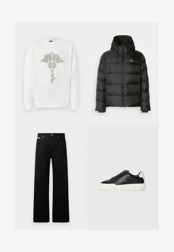 Mustat puffer-jakid, millel on kapuuts, ees on tõmblukk, õmblustel on paneelid, elastsed mansetid ja vasakul rinnal on väike logo.; Valge sweatshirt, mille keskel on tekstuuriline metallik kuldse ja hõbedase kestaga disain; omab ümmargust kaelust ja soonikuksi.; Mustadest denimist püksid laiade jalgadega, viie tasku ja metallist nööpidega. Sile tekstuur, nähtavad mustrid puuduvad.; Mustad musta nahast jooksutossud valge kummist tallaga. Omavad ümmargust ninakujuga disaini, paeltega kinnitust ja logo detaili külgedel. Tagumine aktsent on valge.