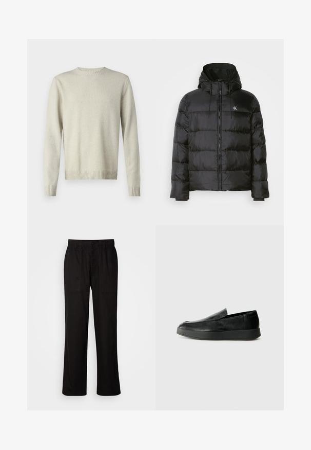 Black puffer jacket with a hood, featuring a zip front, stitched panels, elastic cuffs, and a small logo on the left chest.; Light beige crewneck sweater made of soft, textured fabric. Features ribbed cuffs and hem, with a simple, minimalist design.; Black pants with a relaxed fit, made from lightweight fabric. Features an elastic waistband, button closure, and two front pockets.; Calvin Klein HYBRID CUP - Slip-ons - triple black