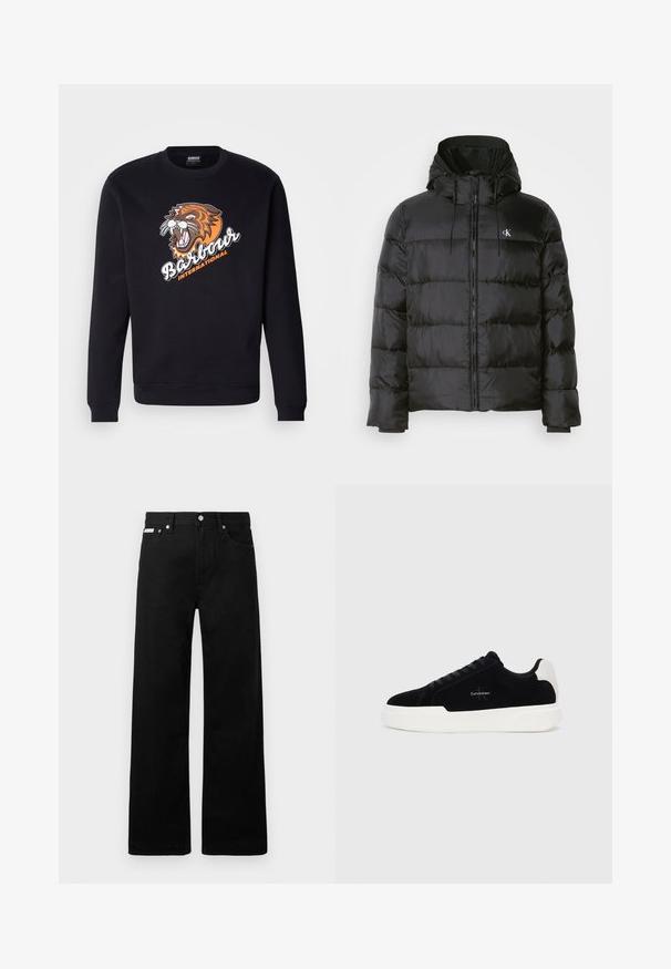 Černá péřovka s kapucí, s předním zipem, stehovanými panely, elastickými manžetami a malým logem na levé hrudi.; Černá mikina s dlouhými rukávy a žebrovanými manžetami, která na přední straně obsahuje velkou grafiku tygra a text "Barbour International".; Černé denimové kalhoty s širokým střihem, s pěti kapsami a kovovými knoflíky. Hladký povrch, bez viditelných vzorů.; Černé nízké tenisky s bílou podrážkou a patou, šněrování v přední části a logo Calvin Klein na boku.