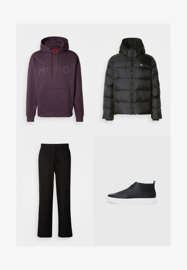 Schwarze Puffjacke mit Kapuze, mit einem Reißverschluss vorne, gesteppten Paneelen, elastischen Bündchen und einem kleinen Logo auf der linken Brust.; HUGO DITCHLE - Kapuzenpullover - open purple; Schwarze Hose mit entspannter Passform, aus leichtem Stoff gefertigt. Verfügt über einen elastischen Bund, einen Knopfverschluss und zwei Fronttaschen.; Schwarze Leder-Hohe Sneaker mit glatter Oberfläche, weißer Gummisohle und einfachem Schnürdesign. Verfügt über eine Zuglasche an der Rückseite.