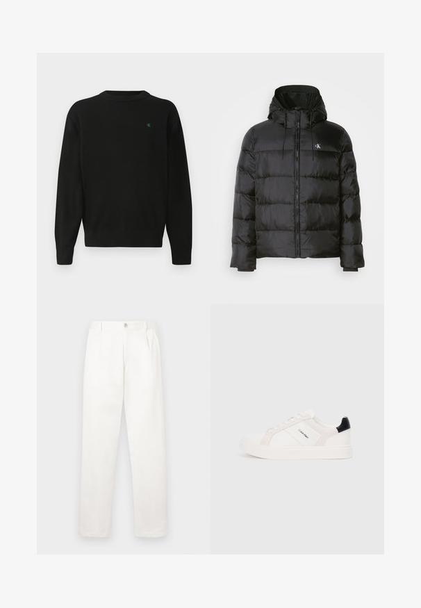 Črna puffer jakna s kapuco, z zadrgo na sprednji strani, šivanimi paneli, elastičnimi manšetami in majhnim logotipom na levi prsni strani.; Črna dukserica s okroglim izrezom, rebrastimi zapestji in robom. Na prsih ima majhen zeleni logotip. Narejena je iz mehkega, lahkega blaga.; Bele hlače iz gladkega blaga, z ravnimi nogami, sprednjimi gubami in enim gumbom za zapiranje v pasu.; Beli športni čevlji z svetlo roza in črnimi detajli, ki imajo gladke usnjene in semiš panele, okroglo konico in plitki gumijasti podplat.