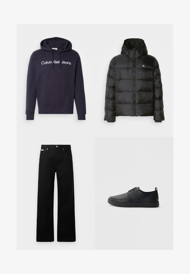 Giacca a vento nera con cappuccio, dotata di chiusura zip frontale, pannelli cuciti, polsini elastici e un piccolo logo sul lato sinistro del petto.; Felpa blu navy in cotone misto, con tasca anteriore a marsupio, cappuccio con lacci e scritta bianca: "Calvin Klein Jeans."; Pantaloni in denim nero con design a gamba larga, dotati di cinque tasche e hardware in metallo per i bottoni. Texture liscia, senza motivi visibili.; Sneaker in pelle nera con finitura liscia, punta arrotondata, cuciture tono su tono, chiusura con lacci frontale e suola piatta in gomma. Anello sul tallone.