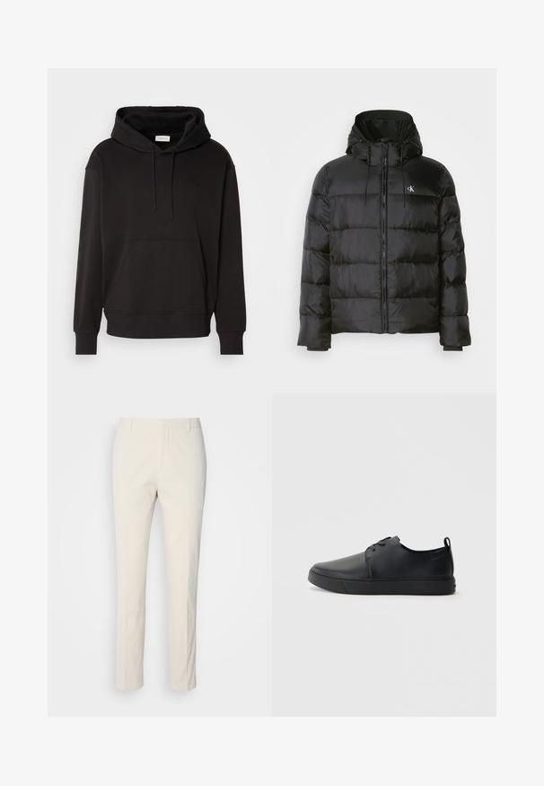 Schwarze Puffjacke mit Kapuze, mit einem Reißverschluss vorne, gesteppten Paneelen, elastischen Bündchen und einem kleinen Logo auf der linken Brust.; Schwarzer Hoodie aus weichem Baumwollmix, mit Kängurutasche, verstellbaren Kordeln und gerippten Bündchen und Saum. Gesticktes Logo auf der Vorderseite.; Creamfarbene, maßgeschneiderte Hose aus strukturiertem Stoff. Verfügt über ein gerades Bein-Design, Gürtelschlaufen und zwei Vorderaschen. Keine Muster.; Schwarze Leder-Sneaker mit glatter Oberfläche, abgerundeter Zehenpartie, gleichfarbiger Nähte, schnürbarem Vorderteil und flacher Gummisohle. Schlaufe an der Ferse.