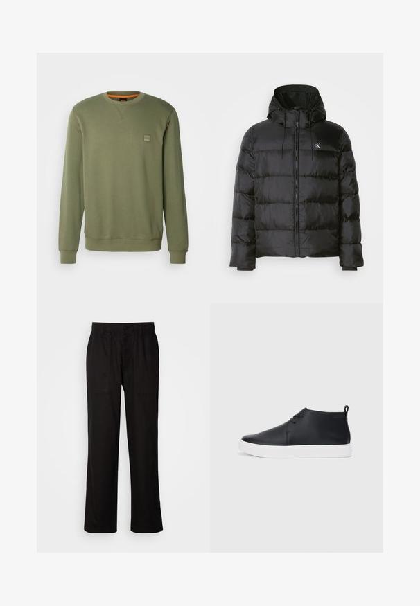 Black puffer jacket with a hood, featuring a zip front, stitched panels, elastic cuffs, and a small logo on the left chest.; BOSS WESTART - Sweatshirt - open green; Black pants with a relaxed fit, made from lightweight fabric. Features an elastic waistband, button closure, and two front pockets.; Black leather high-top sneakers with a smooth finish, white rubber sole, and simple lace-up design. Features a pull tab at the back.