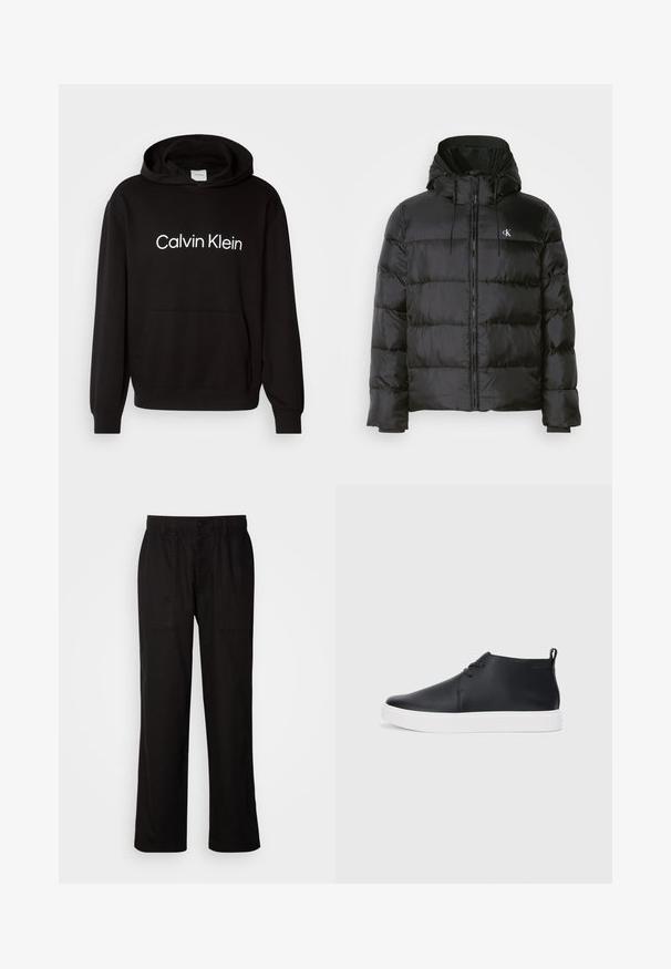Czarna kurtka puchowa z kapturem, z zapięciem na zamek, przeszytymi panelami, elastycznymi mankietami oraz małym logo na lewej piersi.; Czarna bawełniana hoodie z kieszenią z przodu, z białym logo "Calvin Klein" na piersi oraz ściągaczami przy mankietach i u dołu.; Czarne spodnie o luźnym kroju, wykonane z lekkiego materiału. Posiadają elastyczny pasek w talii, zapięcie na guzik oraz dwie przednie kieszenie.; Czarne skórzane sneakersy za kostkę o gładkim wykończeniu, białej gumowej podeszwie i prostym sposobie sznurowania. Posiadają uchwyt z tyłu.