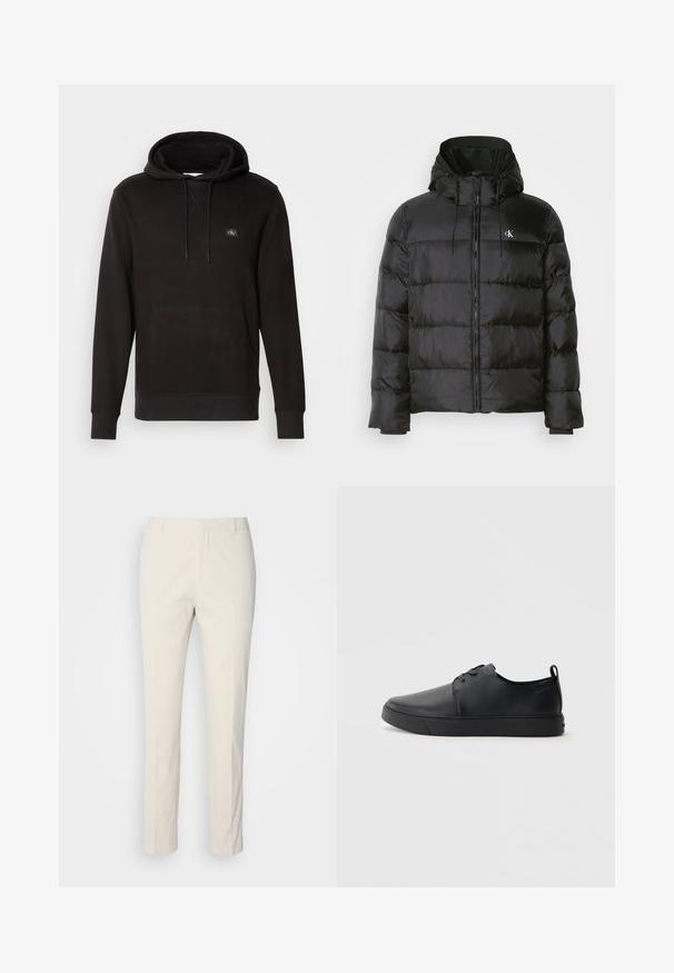 Giacca a vento nera con cappuccio, dotata di chiusura zip frontale, pannelli cuciti, polsini elastici e un piccolo logo sul lato sinistro del petto.; Felpa nera con cappuccio realizzata in tessuto morbido, dotata di una tasca a marsupio frontale, cappuccio con stringa e una piccola etichetta con logo sul petto.; Pantaloni su misura di colore crema in tessuto texturizzato. Presentano una linea dritta, passanti per cintura e due tasche frontali. Senza fantasie.; Sneaker in pelle nera con finitura liscia, punta arrotondata, cuciture tono su tono, chiusura con lacci frontale e suola piatta in gomma. Anello sul tallone.