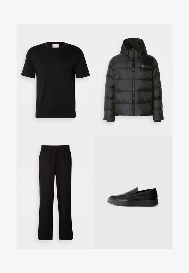 Geacă neagră din puf cu glugă, cu fermoar în față, panouri cusute, manșete elastice și un logo mic pe pieptul stâng.; Tricou negru scurt, din bumbac moale. Are guler rotund, textură ribbată și un accent subtil cu logo pe piept.; Pantaloni negri cu o croială lejeră, realizați dintr-un material ușor. Dispun de un tiv elastico, închidere cu nasture și două buzunare frontale.; Calvin Klein HYBRID CUP - Pantofi slip-on - triple black