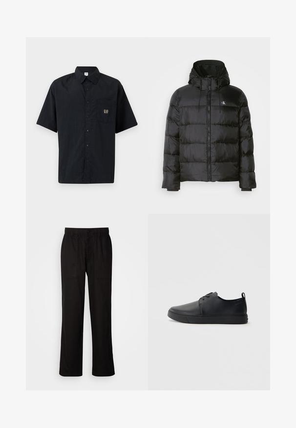 Czarna kurtka puchowa z kapturem, z zapięciem na zamek, przeszytymi panelami, elastycznymi mankietami oraz małym logo na lewej piersi.; Czarna koszula zapinana na guziki z krótkim rękawem, wykonana z lekkiego materiału, z kieszenią na piersi i złotym detalem z logo "GAP".; Czarne spodnie o luźnym kroju, wykonane z lekkiego materiału. Posiadają elastyczny pasek w talii, zapięcie na guzik oraz dwie przednie kieszenie.; Czarne skórzane sneakersy o gładkim wykończeniu, zaokrąglonym nosku, tonalnym przeszyciu, sznurowanym przodzie oraz płaskiej gumowej podeszwie. Pętla na pięcie.