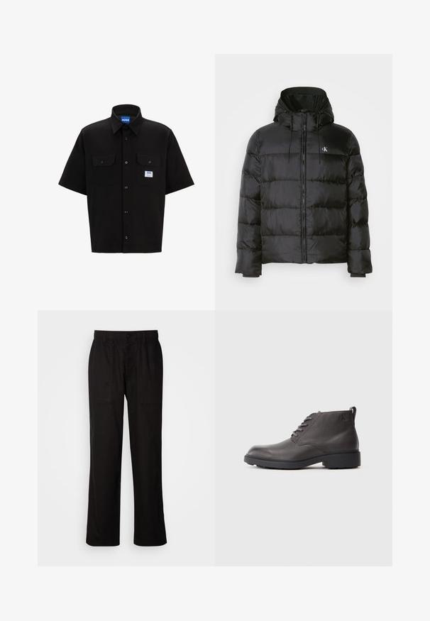 Black puffer jacket with a hood, featuring a zip front, stitched panels, elastic cuffs, and a small logo on the left chest.; Black short-sleeve shirt with a structured collar, two front pockets, button closure, and a small blue and white logo tag on the left side.; Black pants with a relaxed fit, made from lightweight fabric. Features an elastic waistband, button closure, and two front pockets.; Black leather ankle boots with textured finish, round toe, lace closure, and a low, sturdy rubber sole. Features logo detail on side.