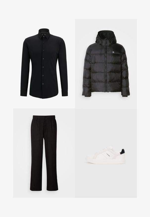 Svart pufferjakke med hette, med glidelås foran, sømdelte paneler, elastiske mansjetter og en liten logo på venstre bryst.; Svart langermet skjorte laget av glat stoff, med knapp-opplegg foran, krage og tilpasset passform med subtile stingdetaljer.; Svart bukser med avslappet passform, laget av lett stoff. Har elastisk midjebånd, knapplukking og to frontlommer.; Hvite sneakers med lys rosa og svarte detaljer, med glatte lær- og semskede paneler, rund tå og flat gummisåle.