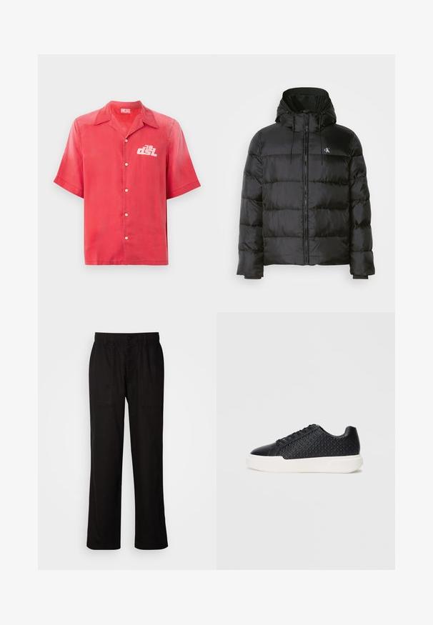 Svart pufferjakke med hette, med glidelås foran, sømdelte paneler, elastiske mansjetter og en liten logo på venstre bryst.; Kortermet rød skjorte med knappestolpe i en glatt stoff. Har krage og en hvit logo på venstre bryst. Enkelt design, ingen mønstre.; Svart bukser med avslappet passform, laget av lett stoff. Har elastisk midjebånd, knapplukking og to frontlommer.; Svart sneakers med geometrisk tekstur på siden, glatt tåhette og hvit gummisåle. Har runde snører og lavt snitt.