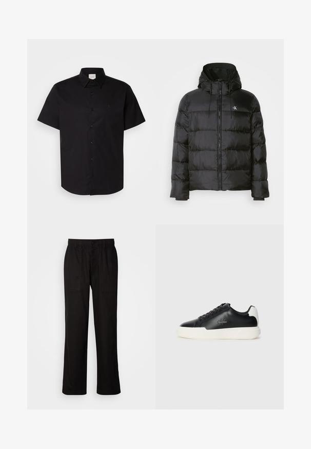 Giacca a vento nera con cappuccio, dotata di chiusura zip frontale, pannelli cuciti, polsini elastici e un piccolo logo sul lato sinistro del petto.; Maglietta nera a maniche corte con bottoni, realizzata in cotone, dotata di un colletto classico e di un logo discreto sul petto. Tessitura liscia.; Pantaloni neri con vestibilità morbida, realizzati in tessuto leggero. Presentano un elastico in vita, chiusura con bottone e due tasche anteriori.; Sneakers in pelle nera con suola in gomma bianca. Presentano punta rotonda, design con lacci e dettaglio del logo sul lato. Accento posteriore in bianco.