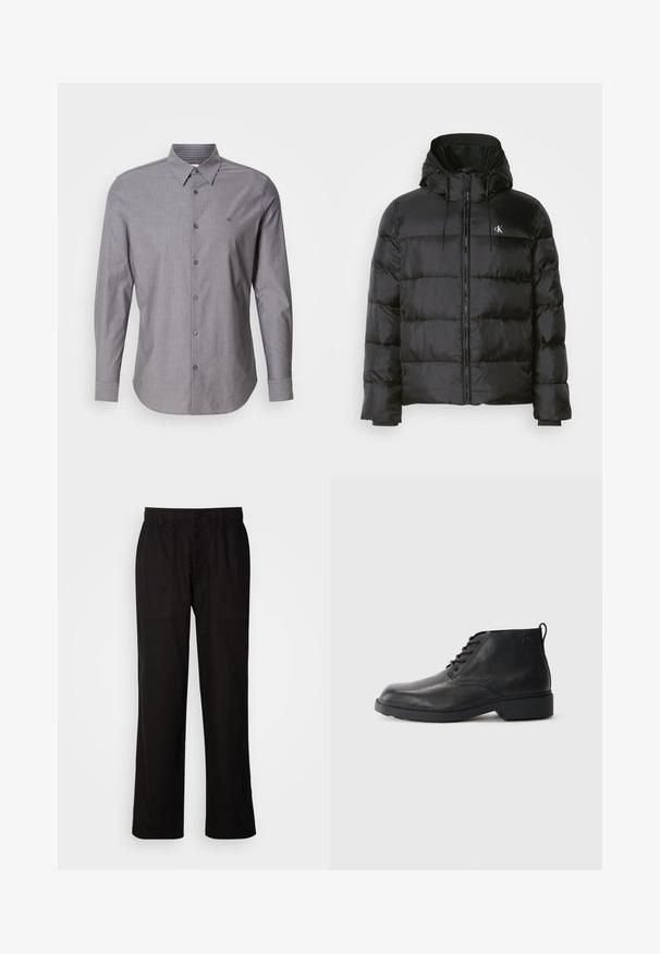 Black puffer jacket with a hood, featuring a zip front, stitched panels, elastic cuffs, and a small logo on the left chest.; Gray striped long-sleeve shirt made of cotton, featuring a button-down collar and a logo on the left chest. Slim fit design.; Black pants with a relaxed fit, made from lightweight fabric. Features an elastic waistband, button closure, and two front pockets.; Black leather boots with a textured finish, round toe, lace-up front, and a sturdy rubber sole. Features a small pull tab at the back.