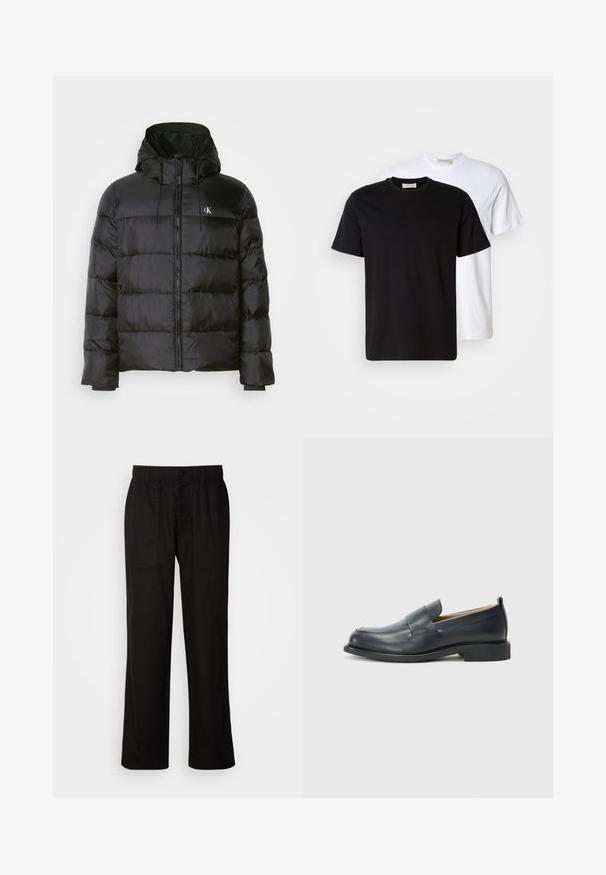 Zwarte pufferjack met een capuchon, voorzien van een ritssluiting aan de voorkant, gestikte panelen, elastische manchetten en een klein logo op de linkerborst.; Twee simpele katoenen T-shirts, één zwarte voor een witte geplaatst, beide met korte mouwen en ronde halslijnen.; Zwarte broek met een relaxte pasvorm, gemaakt van lichte stof. Voorzien van een elastische tailleband, knoopsluiting en twee zijzakken.; Zwarte leren loafers met een gladde afwerking, een platte zool en een ronde neus met een decoratieve band over de bovenkant.