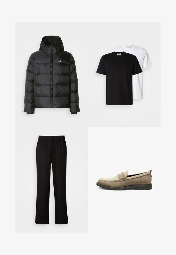 Black puffer jacket with a hood, featuring a zip front, stitched panels, elastic cuffs, and a small logo on the left chest.; Two plain cotton T-shirts, one black placed in front of a white one, both with short sleeves and round necklines.; Black pants with a relaxed fit, made from lightweight fabric. Features an elastic waistband, button closure, and two front pockets.; Light brown suede loafers with a mesh section on the upper, rectangular vamp detail, and a textured rubber sole. Features a red accent.