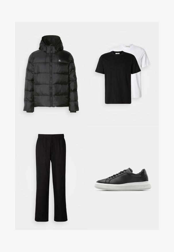 Black puffer jacket with a hood, featuring a zip front, stitched panels, elastic cuffs, and a small logo on the left chest.; Two plain cotton T-shirts, one black placed in front of a white one, both with short sleeves and round necklines.; Black pants with a relaxed fit, made from lightweight fabric. Features an elastic waistband, button closure, and two front pockets.; Black leather sneaker with a smooth finish, white rubber sole, rounded shape, six eyelets for laces, and subtle branding on the heel.