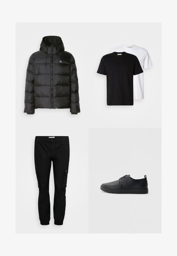 Mustan puffatakki, jossa on huppu, vetoketjukiinnitys, ommellut paneelit, joustavat hihansuut ja pieni logo vasemmassa rinnassa.; Kaksi yksinkertaista puuvillapaitaa, musta paita valkoisen edessä, molemmissa on lyhyet hihat ja pyöreä pääntie.; Mustat cargo-housut, joissa on joustava vyötärö, kapeat lahkeet ja sivutaskut. Valmistettu kevyestä kankaasta, jolla on sileä tekstuuri.; Musta nahkakengät hienolla pinnalla, pyöreällä varvastyönnöllä, sävyyn sointuvilla ompeluilla, nauhakengät edessä ja littealla kumipohjalla. Silmukka kantapäässä.