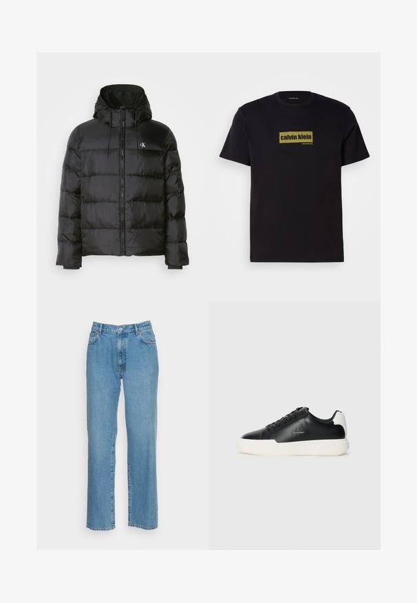 Casaco puffer preto com capuz, apresentando fecho éclair na frente, painéis cosidos, punhos elásticos e um pequeno logotipo no lado esquerdo do peito.; T-shirt preta de algodão com mangas curtas, apresentando um logotipo retangular verde com o texto "calvin klein" e "new york city" em letras em negrito.; Jeans de ganga azul claro com corte de perna reta, apresentando um fecho de botão e zíper, cinco bolsos e detalhes de costura contrastantes.; Tênis de couro preto com sola de borracha branca. Possui bico redondo, design com atacadores e detalhe do logo na lateral. Acento traseiro em branco.