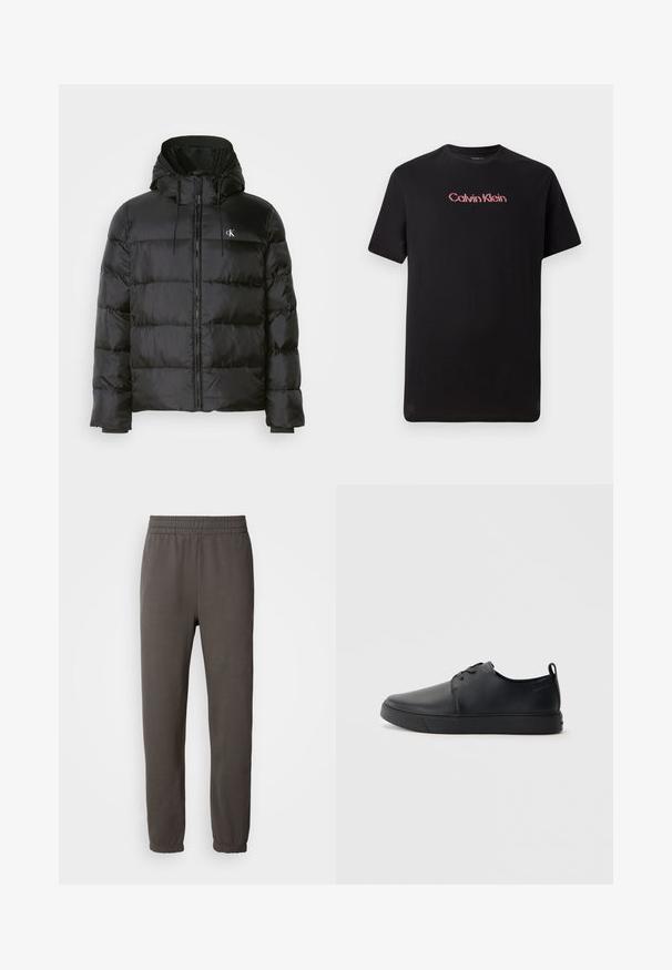 Black puffer jacket with a hood, featuring a zip front, stitched panels, elastic cuffs, and a small logo on the left chest.; Black short-sleeve t-shirt made of cotton, featuring a central Calvin Klein logo in red and white, with a crew neck and relaxed fit.; Dark gray sweatpants with an elastic waistband, tapered legs, and ribbed cuffs. Features a small logo on the thigh. Made from soft fabric.; Black leather sneaker with a smooth finish, rounded toe, tonal stitching, lace-up front, and a flat rubber sole. Loop at the heel.