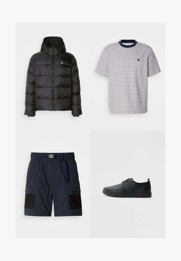 Črna puffer jakna s kapuco, z zadrgo na sprednji strani, šivanimi paneli, elastičnimi manšetami in majhnim logotipom na levi prsni strani.; Črtasta bombažna majica s temnopolti ovratnikom in manšetami, ki ima vodoravne modre in bele črte; majhna izvezeno logo na prsih.; Mornarsko modri šortisi s teksturiranim zaključkom, elastičnim pasom z zaponko, stranskimi zadrgami in črnimi mrežastimi detajli na žepih. Lahka zasnova.; Črne usnjene športne čevlje z gladko površino, okroglo oblikovano nosilo, toniranim šivanjem, vezanjem spredaj in ravnim gumijastim podplatom. Zanko na peti.