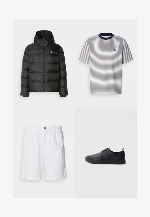 Black puffer jacket with a hood, featuring a zip front, stitched panels, elastic cuffs, and a small logo on the left chest.; Striped cotton T-shirt with navy-blue collar and cuffs, featuring horizontal blue and white stripes; small embroidered logo on the chest.; White linen shorts with an elastic waistband and a metal button. Features two side pockets and a relaxed fit design.; Black leather sneaker with a smooth finish, rounded toe, tonal stitching, lace-up front, and a flat rubber sole. Loop at the heel.