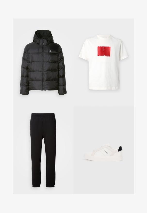 Geacă neagră din puf cu glugă, cu fermoar în față, panouri cusute, manșete elastice și un logo mic pe pieptul stâng.; Tricou alb din bumbac cu un imprimeu roșu mare al textului "CALVIN KLEIN" pe față, cu guler rotund și mâneci scurte.; Pantaloni de trening negri dintr-un material moale, cu o talie elastică, termini manșonați și un detaliu mic cu logo pe lateral.; Tenesi albi cu detalii roz deschis și negre, având panouri din piele netedă și suede, vârf rotund și talpă plată din cauciuc.