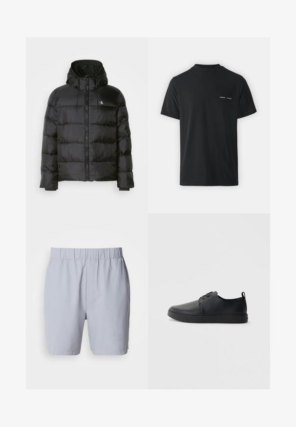 Mustat puffer-jakid, millel on kapuuts, ees on tõmblukk, õmblustel on paneelid, elastsed mansetid ja vasakul rinnal on väike logo.; Must must t-särk klassikalise ümmarguse kaelusega, lühikeste varrukatega ja vasakul rinnal kaks väikest valget "SAMSØE" logo.; Heledhall toonides ujumispüksid elastse vöökohaga, kaks küljetaskut ja sile ning kerge kangas. Nähtavad mustrid või kaunistused puuduvad.; Mustaläik nahast spordijalatsid siledaga viimistlusega, ümarate varvastega, sama tooni õmblustega, nööbid ees, ja lamedate kummist tallaga. Kannas aas.