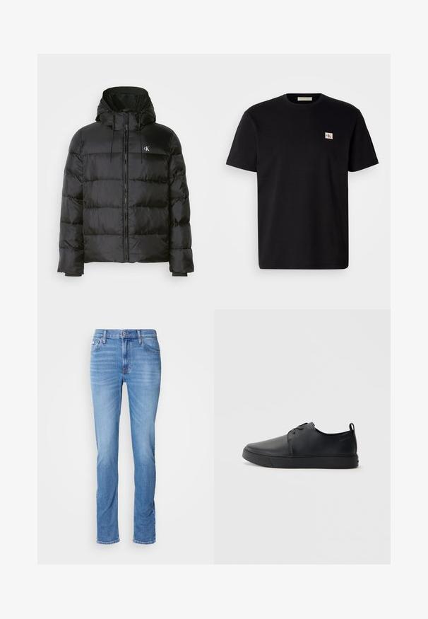 Juodas pūkinis švarkas su kapišonu, su užtrauktuku priekyje, siuvinėtomis panelėmis, elastingomis rankovėmis ir mažu logotipu kairėje krūtinės pusėje.; Juodas medvilnės marškinėliai su trumpomis rankovėmis, apvaliu kaklu ir mažu siuvinėtą logotipu kairėje krūtinės pusėje. Lygi tekstūra, reguliaraus kirpimo.; Šviesiai mėlynos, šiek tiek priglundančios džinsinės kelnės su priekiniais mygtukais ir užtrauktuku, penkiomis kišenėmis bei švelniu nusidėvėjimu ant šlaunų ir kelių.; Juodos odinės sportinės bateliai su lygiu paviršium, suapvalinta nosimi, toniniais siūlais, raištelių užsegimu priekyje ir plokščiu guminiu padu. Kilpelė ant kulno.