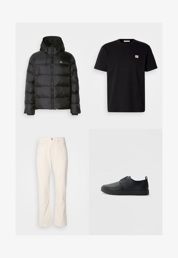 Casaco puffer preto com capuz, apresentando fecho éclair na frente, painéis cosidos, punhos elásticos e um pequeno logotipo no lado esquerdo do peito.; T-shirt de algodão preto com mangas curtas, gola redonda e um pequeno logotipo bordado no lado esquerdo do peito. Textura suave, corte regular.; Jeans de algodão bege com um design clássico de perna reta, apresentando um fecho frontal com botão, cinco bolsos e detalhes de costura subtil.; Sapatilha de couro preta com um acabamento liso, bico arredondado, costura ton sur ton, frente com atacadores e sola plana de borracha. Alça no calcanhar.