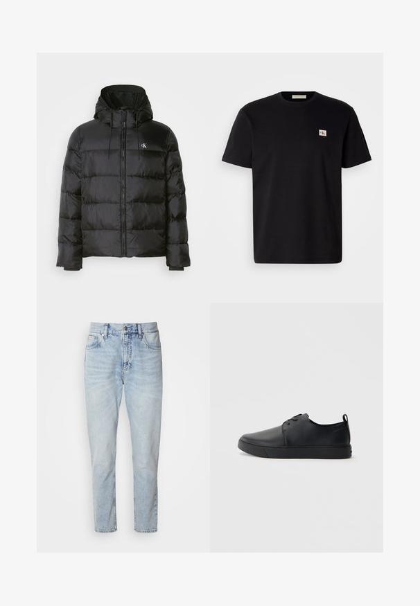 Fekete puffdzseki kapucnival, elülső cipzárral, varrott panelekből, rugalmas mandzsettákkal és egy kis logóval a bal mellen.; Fekete pamut póló rövid ujjal, kerek nyakkivágással, és egy kis hímzett logóval a bal oldali mellrészén. Sima tapintású, normál szabású.; Világoskék farmernadrág egyenes szárú fazonnal, gombos záródással, öt zsebbel és enyhe kopással a textúra érdekében.; Fekete bőr sportcipő sima felülettel, lekerekített orral, azonos színű varrással, fűzős elülső résszel és lapos gumitalppal. Hurok a sarkán.