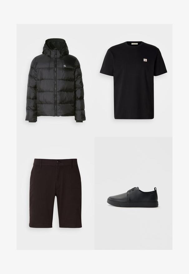 Fekete puffdzseki kapucnival, elülső cipzárral, varrott panelekből, rugalmas mandzsettákkal és egy kis logóval a bal mellen.; Fekete pamut póló rövid ujjal, kerek nyakkivágással, és egy kis hímzett logóval a bal oldali mellrészén. Sima tapintású, normál szabású.; Fekete, sima anyagú rövidnadrág, gombos záródással, övcsatolókkal és letisztult vonalakkal. Hossza éppen a térd fölé ér.; Fekete bőr sportcipő sima felülettel, lekerekített orral, azonos színű varrással, fűzős elülső résszel és lapos gumitalppal. Hurok a sarkán.