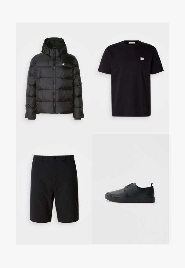 Geacă neagră din puf cu glugă, cu fermoar în față, panouri cusute, manșete elastice și un logo mic pe pieptul stâng.; Tricou din bumbac negru cu mâneci scurte, guler rotund și un mic logo brodat pe partea stângă a pieptului. Textură netedă, croi obișnuit.; Pantaloni scurți negri, fabricați dintr-un material fin și ușor. Aceștia au un sistem de închidere cu nasture și o croială curată, dreaptă, fără modele vizibile.; Sneakers din piele neagră cu un finisaj neted, vârf rotund, cusături tonale, șireturi în față și o talpă plată din cauciuc. Buclă la călcâi.