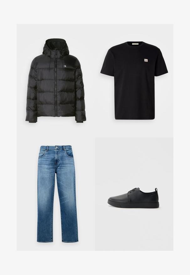 Svart puffjacka med huva, med dragkedja fram, sömda paneler, elastiska muddar och en liten logotyp på vänster bröst.; Svart bomull t-shirt med korta ärmar, rund halsringning och en liten broderad logga på vänster bröst. Slät textur, normal passform.; Blå denimjeans med rak passform, femfickorsdesign och knäppning med knapp. Ljus blekning och subtil textur är synliga på tyget.; Svart lädersneaker med en slät yta, rund tå, tonad sömnad, snörning framtill och en platt gummisula. Ögla vid hälen.