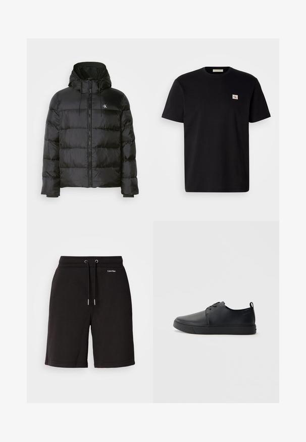 Mustan puffatakki, jossa on huppu, vetoketjukiinnitys, ommellut paneelit, joustavat hihansuut ja pieni logo vasemmassa rinnassa.; Musta puuvillapaita lyhyillä hihoilla, pyöreällä kauluksella ja pienellä kirjailulla vasemmassa rinnassa. Sujuva pinta, normaali malli.; Mustat puuvillashortsit, joissa on naruvyötärö ja hopeanväriset yksityiskohdat. Valkoisella logotekstillä varustettuna niissä on sileä pinta ja rento istuvuus.; Musta nahkakengät hienolla pinnalla, pyöreällä varvastyönnöllä, sävyyn sointuvilla ompeluilla, nauhakengät edessä ja littealla kumipohjalla. Silmukka kantapäässä.