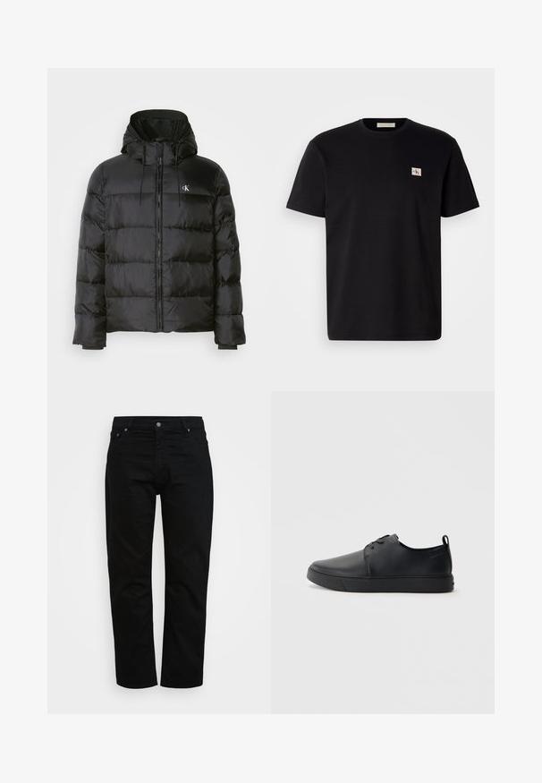 Černá péřovka s kapucí, s předním zipem, stehovanými panely, elastickými manžetami a malým logem na levé hrudi.; Černé bavlněné tričko s krátkým rukávem, kulatým výstřihem a malým vyšívaným logem na levé straně hrudi. Hladká textura, standardní střih.; Černé džíny vyrobené z bavlny, s klasickým střihem, pětivreckovým designem a kovovým zapínáním. Hladká textura a rovné nohavice.; Černé kožené tenisky s hladkým povrchem, zaoblenou špičkou, tónovým prošíváním, šněrovacím uzávěrem a plochou gumovou podrážkou. Očko na patě.