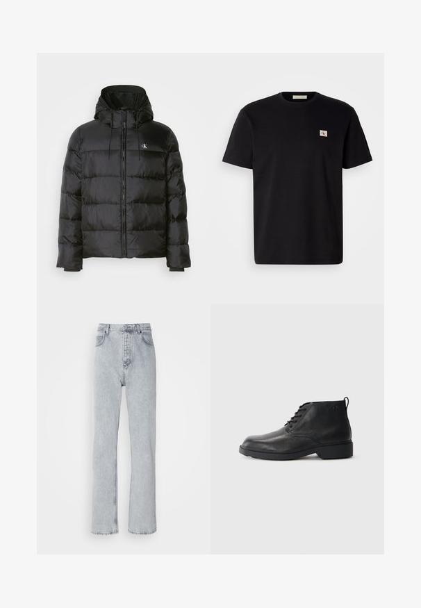 Crni dukserica s kapuljačom, s prednjim zatvaračem, šavanim panelima, elastičnim manžetama i malim logotipom na lijevoj strani prsiju.; Crna pamučna majica s kratkim rukavima, okruglog izreza, s malim izvezenim logotipom na lijevoj strani prsnog koša. Glatka tekstura, regularan kroj.; Svijetlo sivi traperice s ravnim nogavicama, visokim strukom, pet džepova i vidljivim detaljima šivanja.; Crne kožne čizme s teksturiranim završetkom, okruglim prstom, vezanjem sprijeda i čvrstim gumenim potplatom. Imaju mali povlačni tab na stražnjem dijelu.