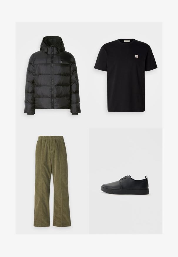 Juodas pūkinis švarkas su kapišonu, su užtrauktuku priekyje, siuvinėtomis panelėmis, elastingomis rankovėmis ir mažu logotipu kairėje krūtinės pusėje.; Juodas medvilnės marškinėliai su trumpomis rankovėmis, apvaliu kaklu ir mažu siuvinėtą logotipu kairėje krūtinės pusėje. Lygi tekstūra, reguliaraus kirpimo.; Alieji žali corduroy kelnių dizainas su plačiomis kojomis, elastinga juosmens juosta ir matoma siuvimo detalė šoninėse dalyse.; Juodos odinės sportinės bateliai su lygiu paviršium, suapvalinta nosimi, toniniais siūlais, raištelių užsegimu priekyje ir plokščiu guminiu padu. Kilpelė ant kulno.