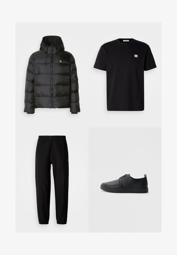 Svart pufferjakke med hette, med glidelås foran, sømdelte paneler, elastiske mansjetter og en liten logo på venstre bryst.; Svart bomull t-skjorte med korte ermer, rund hals og en liten brodert logo på venstre bryst. Glatt tekstur, normal passform.; Svart joggebukse med elastisk midje, smalere ben og mansjetter. Glatt stofftekstur. Logodetalj på siden.; Svart lær sneakers med glatt overflate, rund tå, tonede sømmer, snøring foran og flat gummisåle. Løkke på hælen.