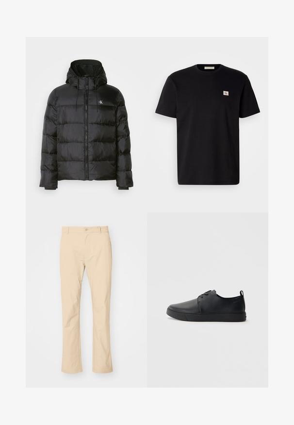 Juodas pūkinis švarkas su kapišonu, su užtrauktuku priekyje, siuvinėtomis panelėmis, elastingomis rankovėmis ir mažu logotipu kairėje krūtinės pusėje.; Juodas medvilnės marškinėliai su trumpomis rankovėmis, apvaliu kaklu ir mažu siuvinėtą logotipu kairėje krūtinės pusėje. Lygi tekstūra, reguliaraus kirpimo.; Bežinės medvilninės kelnės su tiesiu kirpimu, mygtukų uždarymu ir diržo kilpomis. Lygus paviršius be matomų raštų ar akcentų.; Juodos odinės sportinės bateliai su lygiu paviršium, suapvalinta nosimi, toniniais siūlais, raištelių užsegimu priekyje ir plokščiu guminiu padu. Kilpelė ant kulno.