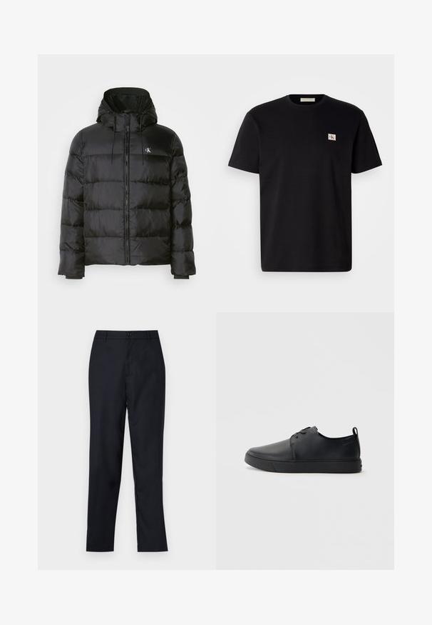 Czarna kurtka puchowa z kapturem, z zapięciem na zamek, przeszytymi panelami, elastycznymi mankietami oraz małym logo na lewej piersi.; Czarny bawełniany t-shirt z krótkim rękawem, okrągłym dekoltem i małym haftowanym logo po lewej stronie klatki piersiowej. Gładka tekstura, regularny krój.; Granatowe spodnie wykonane z gładkiego materiału, z prostą nogawką, pojedynczym zapięciem na guzik oraz subtelnymi fałdami z przodu.; Czarne skórzane sneakersy o gładkim wykończeniu, zaokrąglonym nosku, tonalnym przeszyciu, sznurowanym przodzie oraz płaskiej gumowej podeszwie. Pętla na pięcie.
