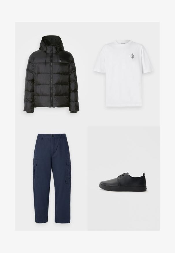 Zwarte pufferjack met een capuchon, voorzien van een ritssluiting aan de voorkant, gestikte panelen, elastische manchetten en een klein logo op de linkerborst.; Witte katoenen t-shirt met een ontspannen pasvorm, voorzien van een klein zwart graphic logo op de linkerkant van de borst. Korte mouwen, ronde hals.; Marine cargobroek gemaakt van katoen. Beschikt over twee zijzakken, een knoopsluiting en een recht model. Glad textuur en casual pasvorm.; Zwarte leren sneaker met een gladde afwerking, ronde neus, tonale stiknaden, vetersluiting aan de voorkant en een vlakke rubberen zool. Lussje aan de hak.