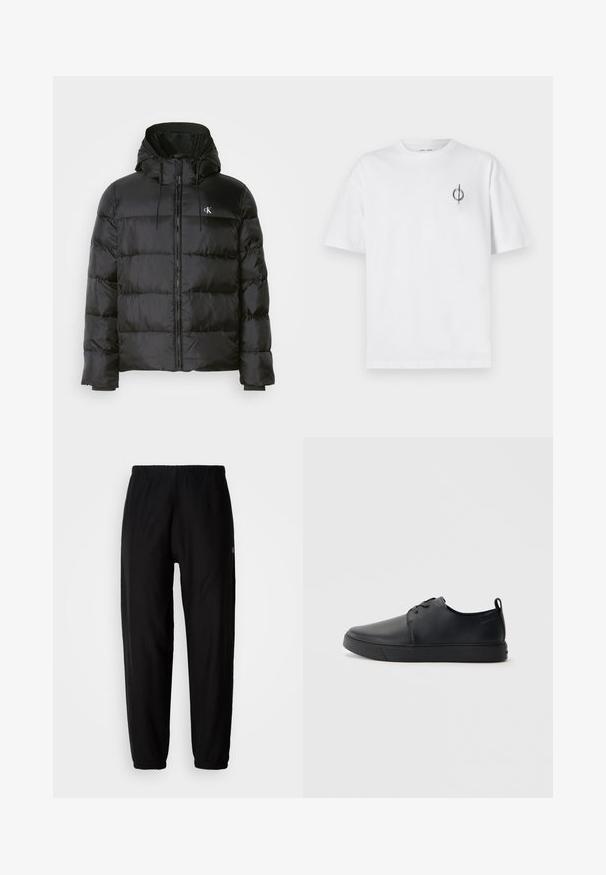 Juodas pūkinis švarkas su kapišonu, su užtrauktuku priekyje, siuvinėtomis panelėmis, elastingomis rankovėmis ir mažu logotipu kairėje krūtinės pusėje.; Balta medvilninė marškinė su laisvu siluetu, su mažą juodą grafiką logotipą kairėje krūtinės pusėje. Trumpomis rankovėmis, apvaliu kaklu.; Juodos sportinės kelnės su elastingu juosmeniu, siaurėjančiomis kojomis ir rankogaliais. Lygus audinio paviršius. Logo detalė šone.; Juodos odinės sportinės bateliai su lygiu paviršium, suapvalinta nosimi, toniniais siūlais, raištelių užsegimu priekyje ir plokščiu guminiu padu. Kilpelė ant kulno.