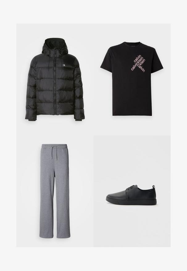 Zwarte pufferjack met een capuchon, voorzien van een ritssluiting aan de voorkant, gestikte panelen, elastische manchetten en een klein logo op de linkerborst.; Zwarte katoenen T-shirt met een diagonale roze "calvin klein" logo-print op de voorkant. Korte mouwen en een ronde halslijn.; Grijze, wijdvallende joggingbroek van zachte stof; voorzien van een elastische tailleband met koord en zonder zakken. Eenvoudig, onopgesmukt ontwerp.; Zwarte leren sneaker met een gladde afwerking, ronde neus, tonale stiknaden, vetersluiting aan de voorkant en een vlakke rubberen zool. Lussje aan de hak.
