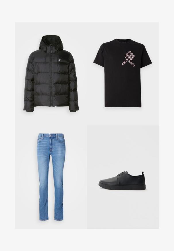 Svart pufferjakke med hette, med glidelås foran, sømdelte paneler, elastiske mansjetter og en liten logo på venstre bryst.; Svart bomull T-skjorte med skrå rosa "calvin klein" logo trykk foran. Korte ermer og rund halslinning.; Lyseblå slim-fit jeans med frontlukking med knapp og glidelås, fem lommer og subtil falming på lår og knær.; Svart lær sneakers med glatt overflate, rund tå, tonede sømmer, snøring foran og flat gummisåle. Løkke på hælen.
